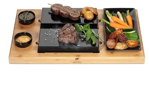 BEEFSTONE Grill pierre chaude Modèle DUE Pierre à steak chaude, pierre de lave, planche en bois en bambou | Pierre de lave pour steak | Set complet de raclette sur pierre chaude avec 8 pièces