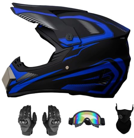 Senhill Casco Motocross Casco Offroad ATV Casco Dot Casco Dirt Bike Unisex Joven Casco de Moto con Guantes Gafas Máscara (Azul, L)