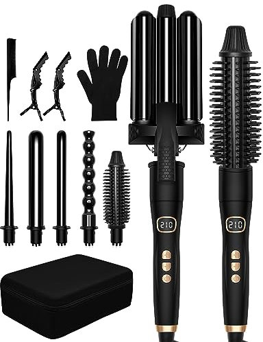 Thermal Brush, Curling Wand Set, 6 in 1 Curling Tongs with [Storage Box], LCD Display, 3 Barrel Hair Waver, Curling Iron 9mm-32mm, Thermal Brush & Curling Brush, Hair Curler for All Hair Styling