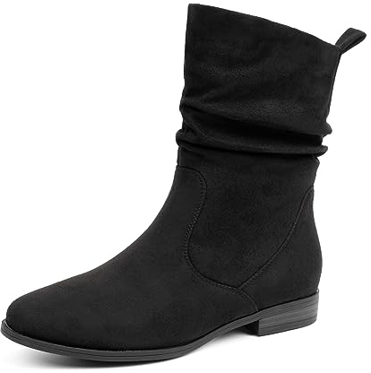 VJH confort Women's Mid Calf Boots, Almond Round Toe Low Heel Comfort Dress Slouchy Booties(Black,7)