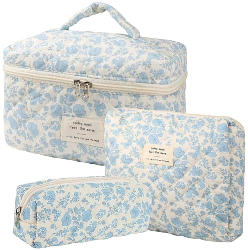 Dkieuyu Set di 3 beauty case in cotone trapuntato, con motivo floreale, graziosa borsa per il trucco, borsa da viaggio, grande borsa per cosmetici, organizer per donne e ragazze, A, Borsa per il