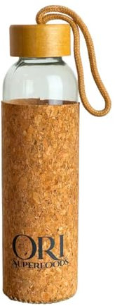 Ori Superfoods Borraccia sostenibile in vetro con coperchio in bambù | Cappotto in sughero naturale | Capacità: 500 ml | Borraccia sportiva | Eco-Friendly