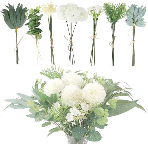 Künstliche Zweige Kunstblumen Weiß Blütenblätter Künstlich Dekozweige Kunstpflanzen Blumenstrauß Eukalyptus Hortensien für DIY Kunstblumenstrauss Brautstrauß Hochzeit 59 Stück