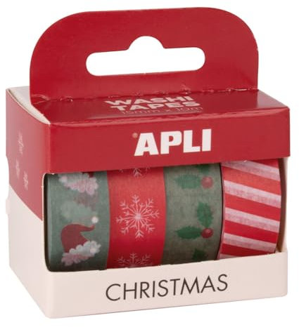 APLI 19838 Deko-Klebeband, Washi Tape, Weihnachtsmuster und Farben, 4 Rollen, 15 mm x 10 m