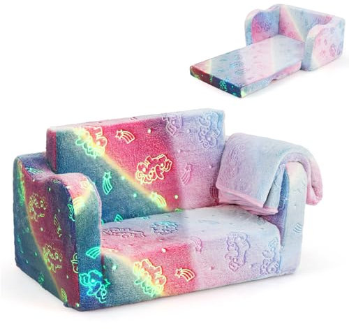 DREAMADE 2-in-1 Kindersofa, Klappbares Spielsofa aus Flanellstoff mit Decke & leuchtenden Mustern, Leuchtsofa Kindercouch Kindersessel Kindermöbel für Kinder ab 3 Jahren (Bunt)