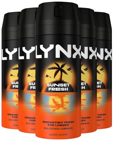 Lynx Sunset Fresh Deodorant for Men Multipack With Mango and Mandarin Scent Long Lasting Fragrance with 48 Hours All over Freshness Aluminium Free Body Spray 150 ml, 5 Pack