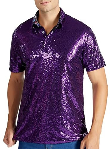Felcia Herr Glitter Avslappnad Vintage Toppar Kortärmad Uppfällbar Glitter Pajetter Skjorta 70-tals Disko Nattklubb Festkläder för Män, A-lila, L