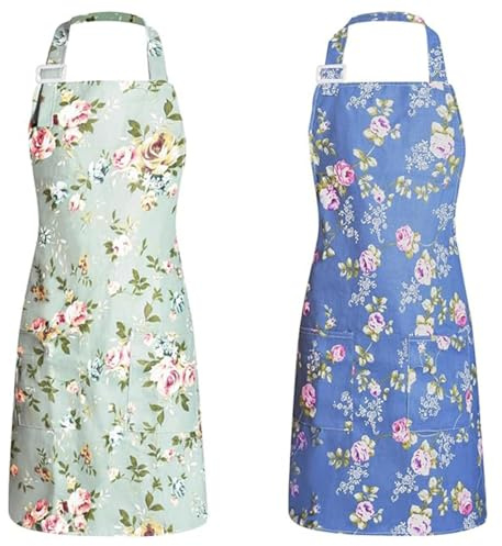 YISIMIN 2 Pack Kitchen Flowers Aprons for Women, Adjustable Floral Aprons Chef Bakers Apron Cooking Apron with Two Pockets for Cooking Baking Gardening (Green&Blue)