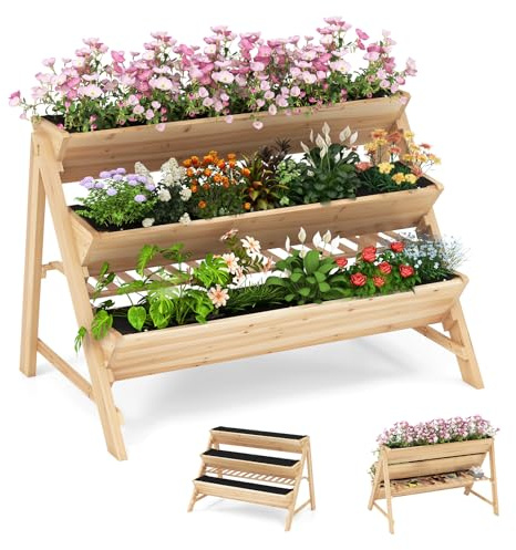 HOMASIS Orto Rialzato da Esterno a 3 Livelli, Letto da Giardino in Legno con 3 Vasi e 2 Ganci, Fioriera a Scala per Terrazza, Balcone, 117 x 74 x 80 cm, Naturale