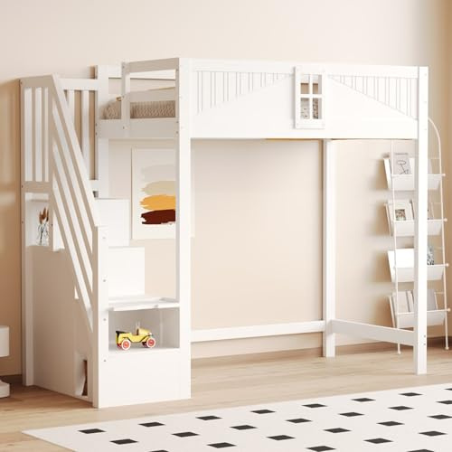 PUGSDRLY Lit Mezzanine 1 Place 90x200cm,Lit Mezzanine Enfant avec Armoires et échelle de Rangement,Escaliers Installés Gauche ou Droite,sans Matelas (Blanc-B)