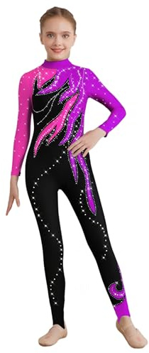Eandarui Voltigieranzug Mädchen Lang Kinder Ballett Ganzkörperanzug Turnen Sportbody Hot Pink&Purple 134-140