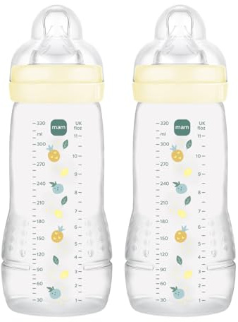 MAM Pack 2 Biberones, a partir de 6 Meses, 330ml, con Tetina X Especial Líquidos Espesos de Silicona de Fácil Aceptación, Fácil de Sostener, Fácil de Limpiar, MAM Easy Active, Neutro, Pack de 2uds