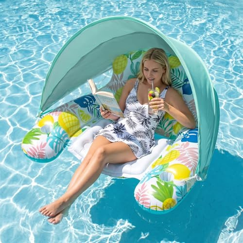 Float Tube, Shyllin Bouee Piscine avec Sonnendach, Fauteuil Gonflable, Flotteur Piscine Gonflable Adulte, Matelas Transat, pour Les Lectures D'été et Les Fêtes Aquatiques