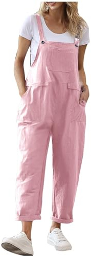 HUIFUAO Linneoveraller för kvinnor, ärmlös, breda ben, overaller, sommar, lätt, avslappnad, hängselbyxor, mode, semester, strand, semester, lekdräkter, sparkbyxor med fickor, Z02 Rosa, XL