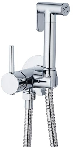 Grifo Bidet Empotrado para WC AQG Taus - Kit Mezclador Monomando Agua Fría y Caliente - Ducha Higiénica con Ducheta Pulsante de Cierre y Flexo Reforzado 1,20 m - Latón Estampado, Acabado PVD Cromo