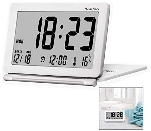 iwobi Sveglia Digitale Pieghevole,Sveglia a Pile da Scrivania con Funzione Snooze Sveglia LCD Ultra-sottile Portatile da Viaggio,Bianco