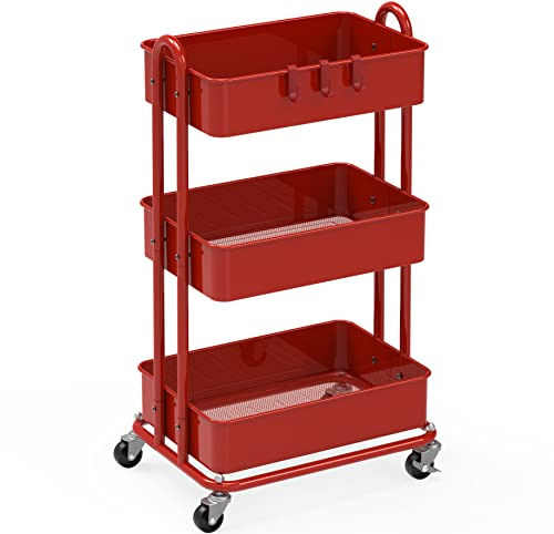 Simple Houseware Heavy Duty 3-Tier Metal Utility Rolling Cart, Red