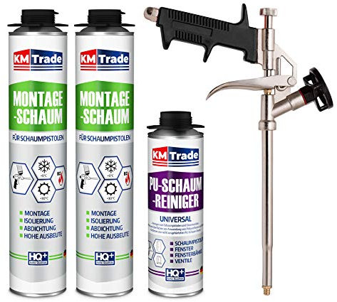 KM Trade Bauschaum-Set - Inkl. 2x 1K Montageschaum (je 750 ml), 1x Schaum-Pistole & 1x PU-Schaum-Reiniger (500 ml)
