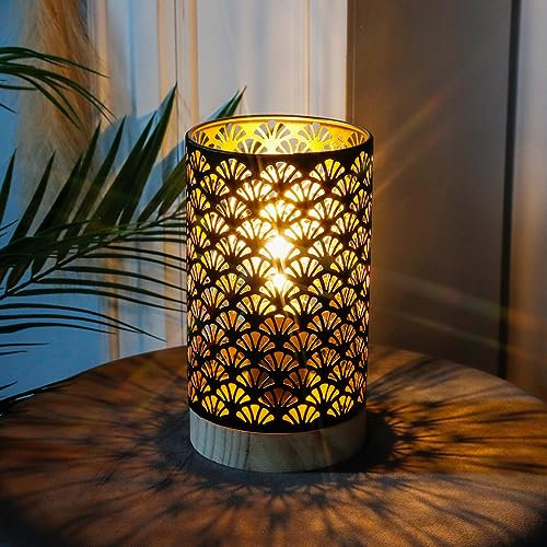 JHY DESIGN Lámpara de mesa con pilas de 19 cm de alto decorativo inalámbrico lámpara con bombilla LED en forma de ventilador con motivo batería para boda fiesta jardín interior(con base de madera)