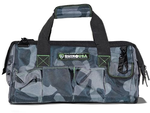 Rhino USA Sac à outils robuste – Sac à outils pour homme avec ouverture de 45 cm de large – Grands sacs à outils avec poches latérales bandoulière renforcée (Camouflage)