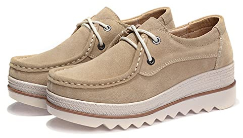 Veroders Women's Suede Platform Loafers Slip-On Comfortable Penny Wedge Loafers Thick Soft Walking Shoes for Dressy Casual Work 3089 Khaki 38