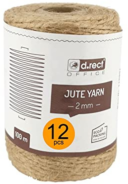 D.RECT 100 m de Cuerda de Yute, Paquete de 12 Unidades, Cuerda de Yute marrón Natural, Cuerda de Embalaje, Cinta de Regalo, Cuerda Decorativa, 2 mm de Grosor, para: Embalaje, Manualidades,