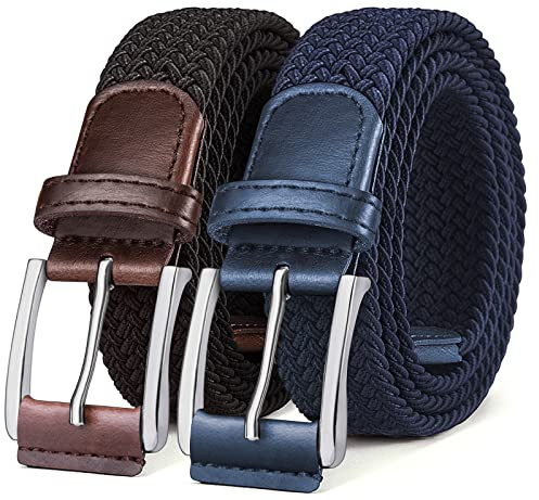BULLIANT Cinturón Trenzado Elástico, Tejido Extensible Cinturón para Hombres y Mujeres Hebilla de Zinc, Ancho 35mm(Beige/Azul Antiguo,125cm/42-46 Cintura ajuste)