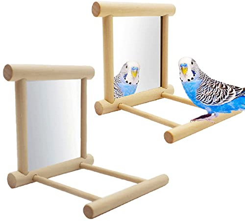 Bird Mirror,Budgie Mirror for Cage,Parrot Cage Toys,2 PACK Bird Toy for Parrot Parakeets Conures Cockatiels Cage Swing Wooden Fun Play Toy for Birds