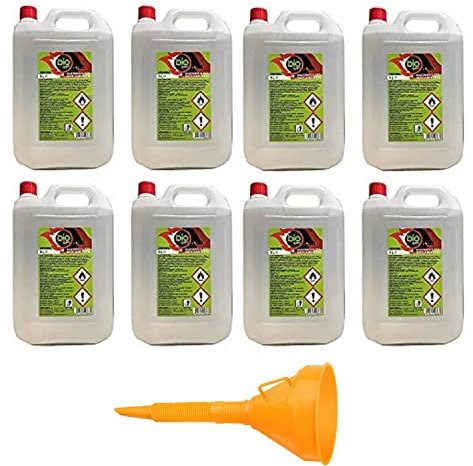 8 Pezzi - 40 Litri - Bioetanolo combustibile stufe Bio Sprint 5 litri 99,9% inodore no fumo naturale no zolfo + Imbuto 145mm