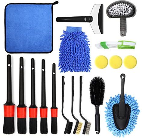 GUANJUNE 18Pcs Car Wash Cleaning Kit with Wash Mitt Sponge Towels, Tire Brush Tool Set, Interior Exterior Car Care Detailing Set for Car Motorcycle Bike Cleaning Wheels, Engine, Emblems, Air Vents