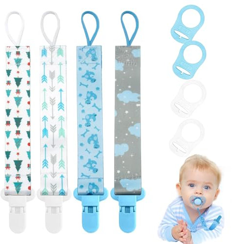 4PCS Dummy Clips Boys - Baby Pacifier Holders Leashes Dummy Clip with Silicone Ring Adapter Soother Chains Clips for Baby Teething Toys Baby Shower
