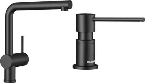 BLANCO LINUS-S | Küchenarmatur in schwarz matt | Hochdruck & LATO Spülmittelspender in schwarz matt | Passend zu allen BLANCO-Küchenarmaturen