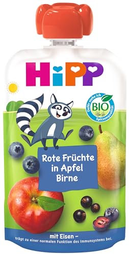 HiPP Bio Quetschie Frucht Plus Rote Früchte in Apfel Birne plus Eisen - Willi Waschbär (8 x 100g), ab 1 Jahr, 100% Fruchtpüree, ohne Zuckerzusatz, vegan, in bester Bio-Qualität