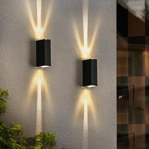 Doughelec Applique da Parete Esterno LED 6W, Lampada Applique da Parete Interno Moderno IP65 Impermeabile, Applique Muro Bianco Caldo 3000K Luce Up Down Alluminio per Terrazza Corridoio, Nero 2PCS