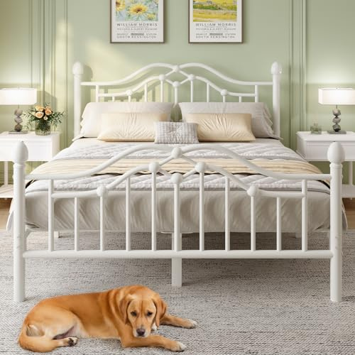 E-Motie Bett 140 x 200 cm, Modernes Metallbett 140 x 200 cm mit Kopf- und Fußteil, viktorianischer Stil, Stauraum unter dem Bett, Einfach zu Montieren, Kein Lattenrost Erforderlich, Geräuscharm, Weiß