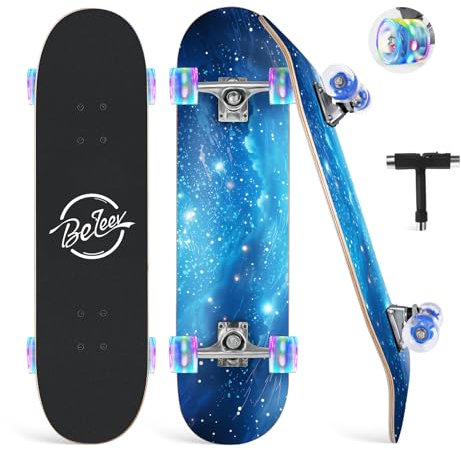 BELEEV Skateboard 31x8 Zoll Komplette Cruiser Skateboard für Kinder Jugendliche Erwachsene, 7-Lagiger Kanadischer Ahorn Double Kick Deck Concave mit All-in-one Skate T-Tool für Anfänger
