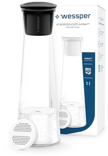Wessper Botella filtrante Jarra con Filtro, 1 filtro Actitex incluidos, 1 litro, de Agua filtrada instantáneamente, Reduce el Cloro, Mejora el Sabor del Agua | Negro