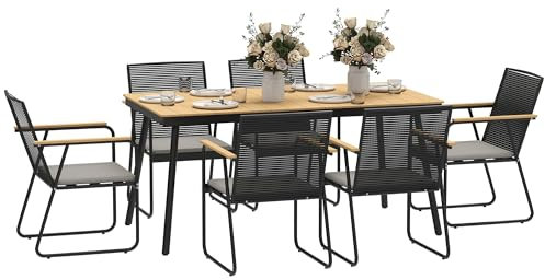 Outsunny Sitzgruppe 7-teilig Metall Essgruppe für 6 Personen Esstisch mit Tisch 6 Stühlen Esszimmergruppe Küchentisch-Set mit Metallgestell Balkonmöbel Gartenmöbel für Terrasse, Balkon Naturholz