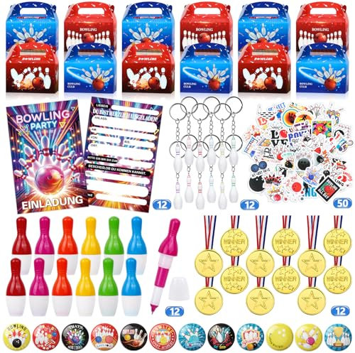 122 Stück Bowling Mitgebsel, Kinder Einladungskarten Einladung, Bowling Mitgebsel Schlüsselbund, Medaillen Bowlingkugelschreiber Aufkleber Buttons Anstecker Geschenkkarton Geburtstag Deko Party Spiel