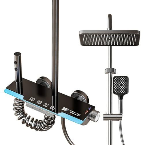Colonne de Douche Thermostatique, Ensemble de Mitigeur Douche en Acier Inoxydable avec Douche Plafond Carrée de, Douchette à Main, LED Ensemble De Douche,Barre de Douche à Hauteur Réglable (A)