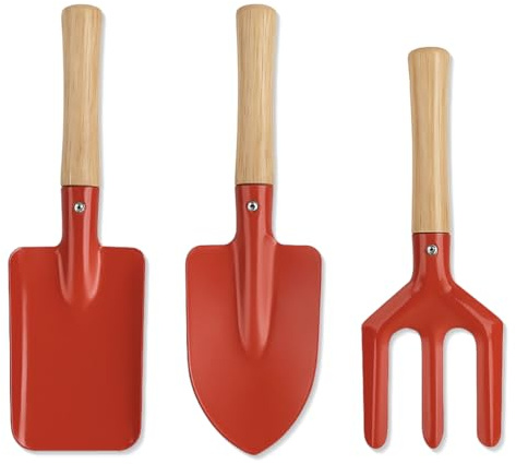 KEWUF 3 Pcs schaufel kinder, sandschaufel kinder, Gartenwerkzeug Set für Kinder - Gabel, Schaufel und Spaten aus robusten Metall und Holz, perfekt für Gartenarbeit, Strand und Sandkasten