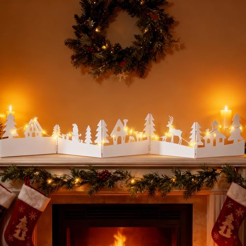 Inweder Decorazioni Natalizie per Finestre Interne: 100 x 13 cm Ornamento Natale Pieghevole conLuci a Stringa Portavelas con Sagoma in Metallo Bianco per Camino Invernale Tavolo Mensole Nicchie