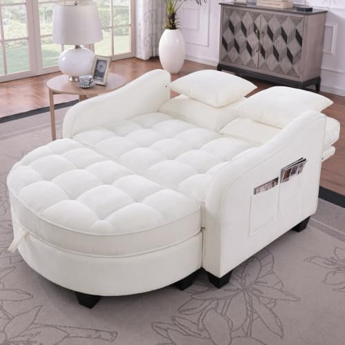 Zepneiy Canapé 1 Place,Canapé-lit 2 en 1 avec Repose-Pieds de Rangement, Tissu Chenille, Canapé Multifonctionnel, Peut être couché étendu ou Assis, Convient aux Petits Salons et Chambres, Beige