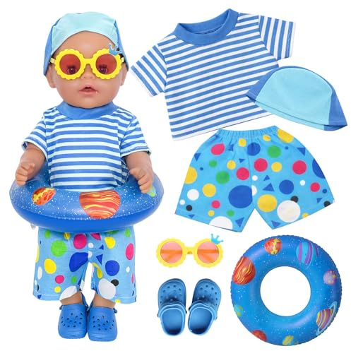 6 piezas de ropa de natación para muñecas de 35-45 cm, traje de baño para muñecas de 35-45 cm, diseño azul marítimo, traje de baño con gorro de natación, anillo de natación, zapatos y gafas de sol