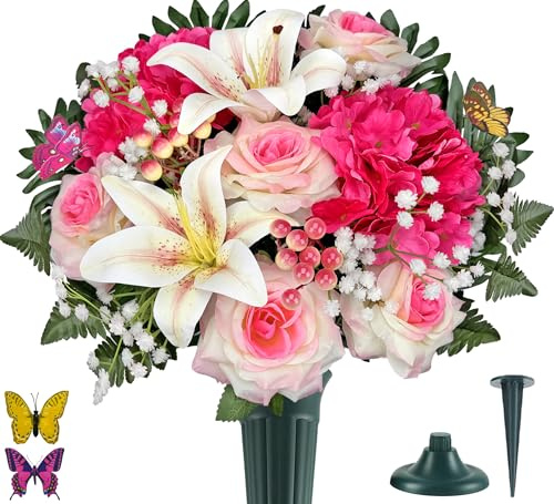 HENOMO Artificial Cemetery Flowers for Grave Vase, Headstone Silk Flower Arrangement, Graveside Decoration - Vibrant Pink Rose Lily Hydrangea Mix Bouquet, Tombstone Memorial Flowers