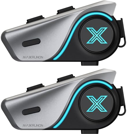 MAXRUNON D9 Motorcycle Bluetooth Headset with Audio Multitasking, 1000m Helmet Intercom, Bluetooth 5.3, Noise Canceling, Universal Pairing, FM Radio, 1000mAh Battery, Fits Snowmobile/ATV/Ski, 2 Pack
