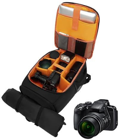 Genérico Mochila Fotografía Profesional - Poliéster Negro Impermeable 45cm, Estuche Reflex Con Compartimentos Ajustables, Para Drones De Senderismo, Mochila Acolchada Para Protección De Equipos | P