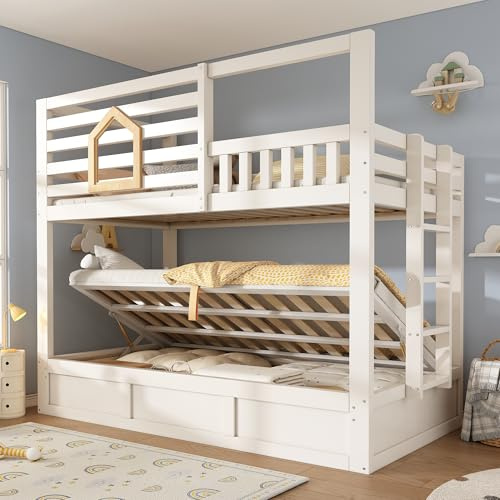 Merax Double Bunk Bed,Children's Twin sleeper Bunk beds,with Ladder&under Hydraulic Storage&wooden window design&Fall Protection and Railings, White&Natural(90+90) x190cm