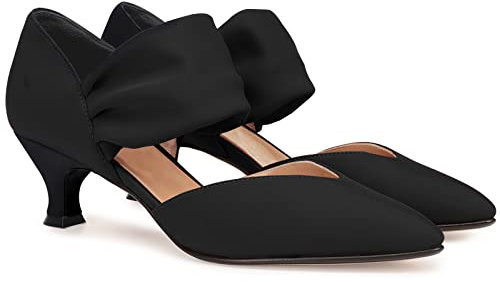 Coutgo Womens Low Kitten Heel Dress Shoes Pointed Toe Slip on Ankle Strap Cutout Elegant Party Wedding Pumps, Black, 9 UK