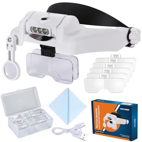 YOCTOSUN LED Headband Magnifier, Rechargeable Illuminated Magnifying Visor -1X to 14X Zoom, Hands Free Head Mounted Magnifying Glasses with Lights for Close Work, Sewing, Crafts, Jewelry, Watch Repair
